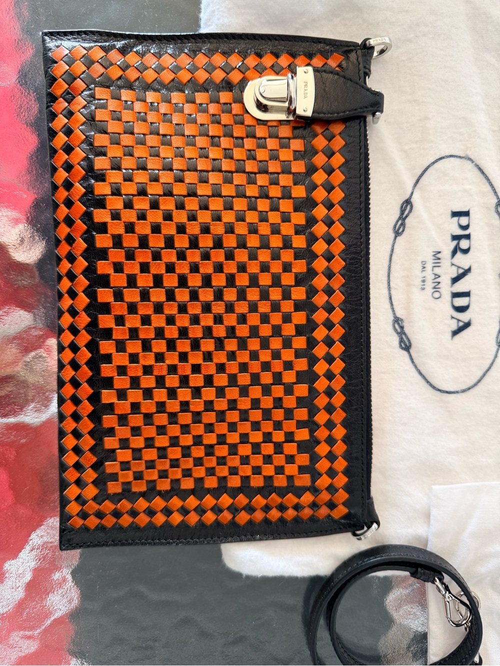 Prada Orange & Black Woven Madras Leather Clutch Bag with Shoulder Strap - Picture 2 of 6